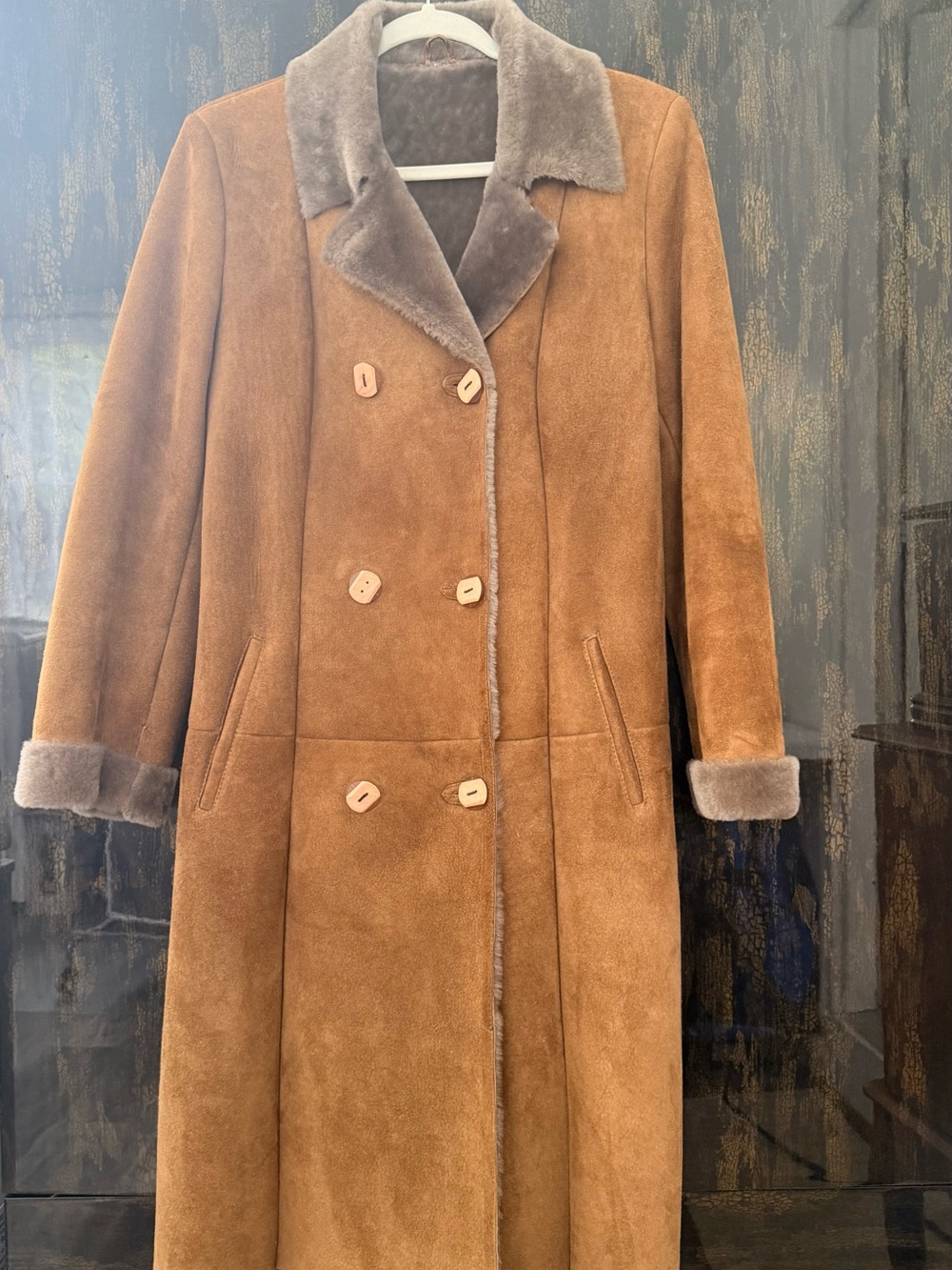 Aston Women's Shearling Long Coat in Camel with Gray Trim